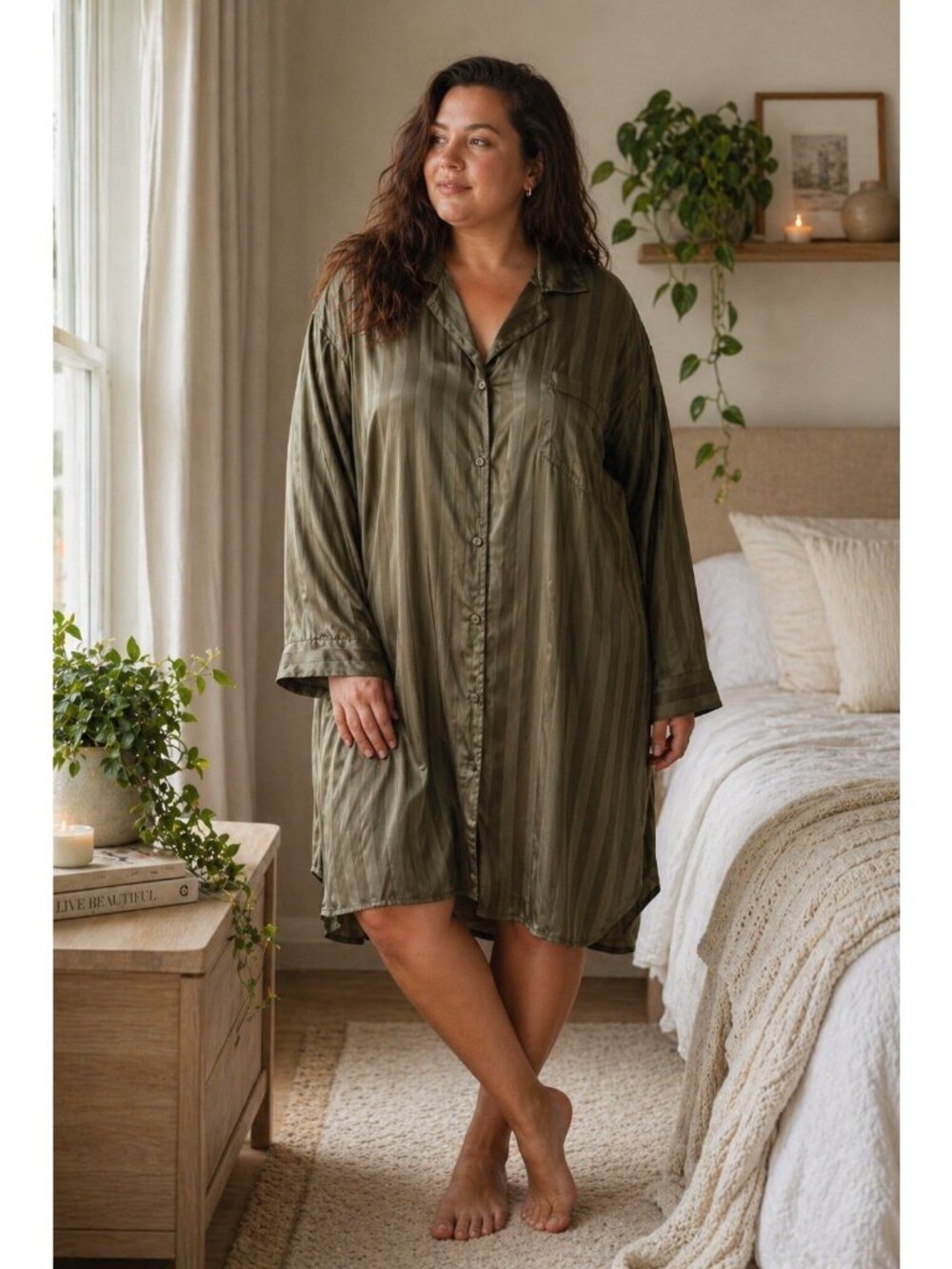 Vintage 90s Jacyln Smith Womens Nightshirt Sz 4X Olive Green Satin Pajamas PJs